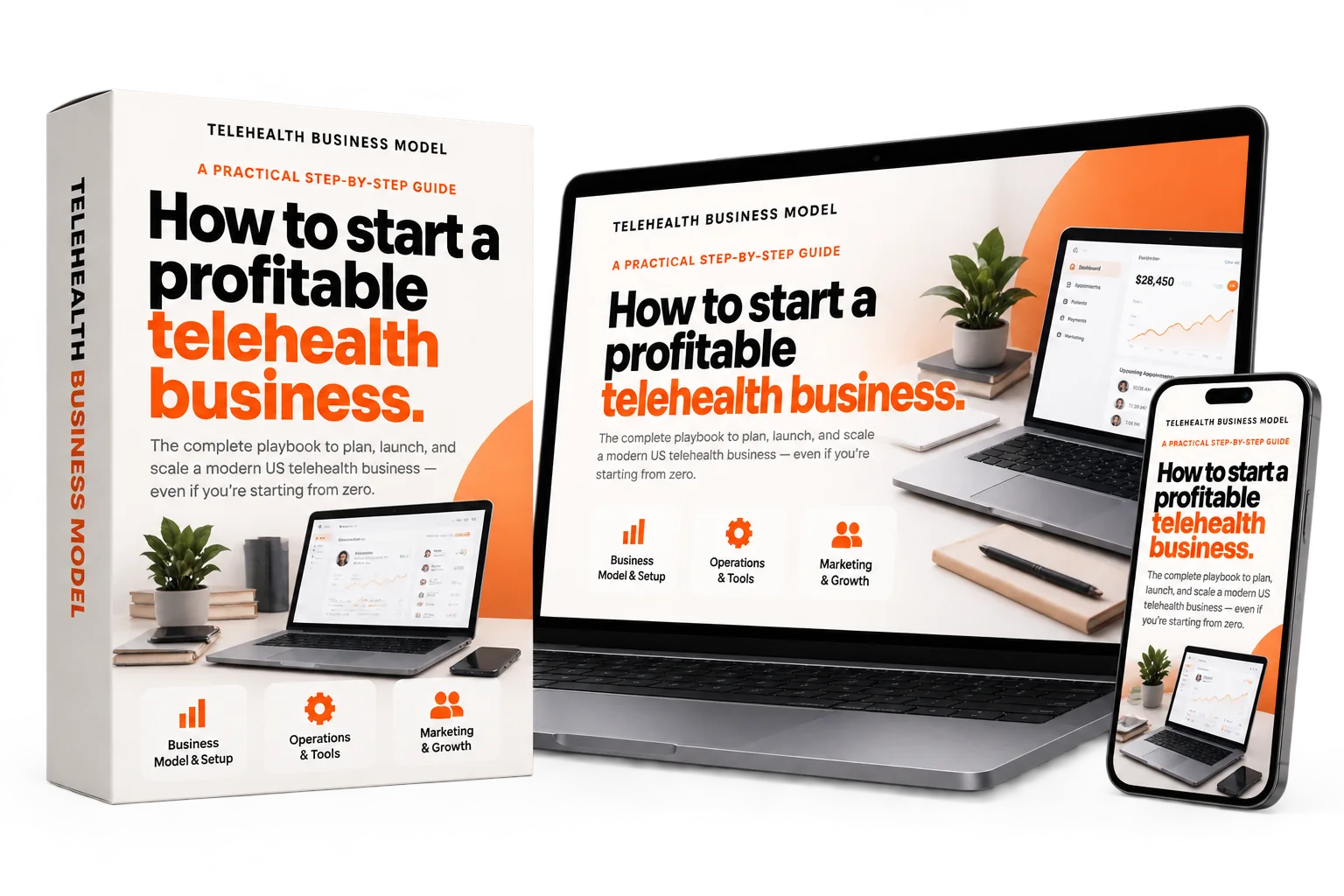 The Telehealth Business Model guide shown as a book, laptop, and mobile edition